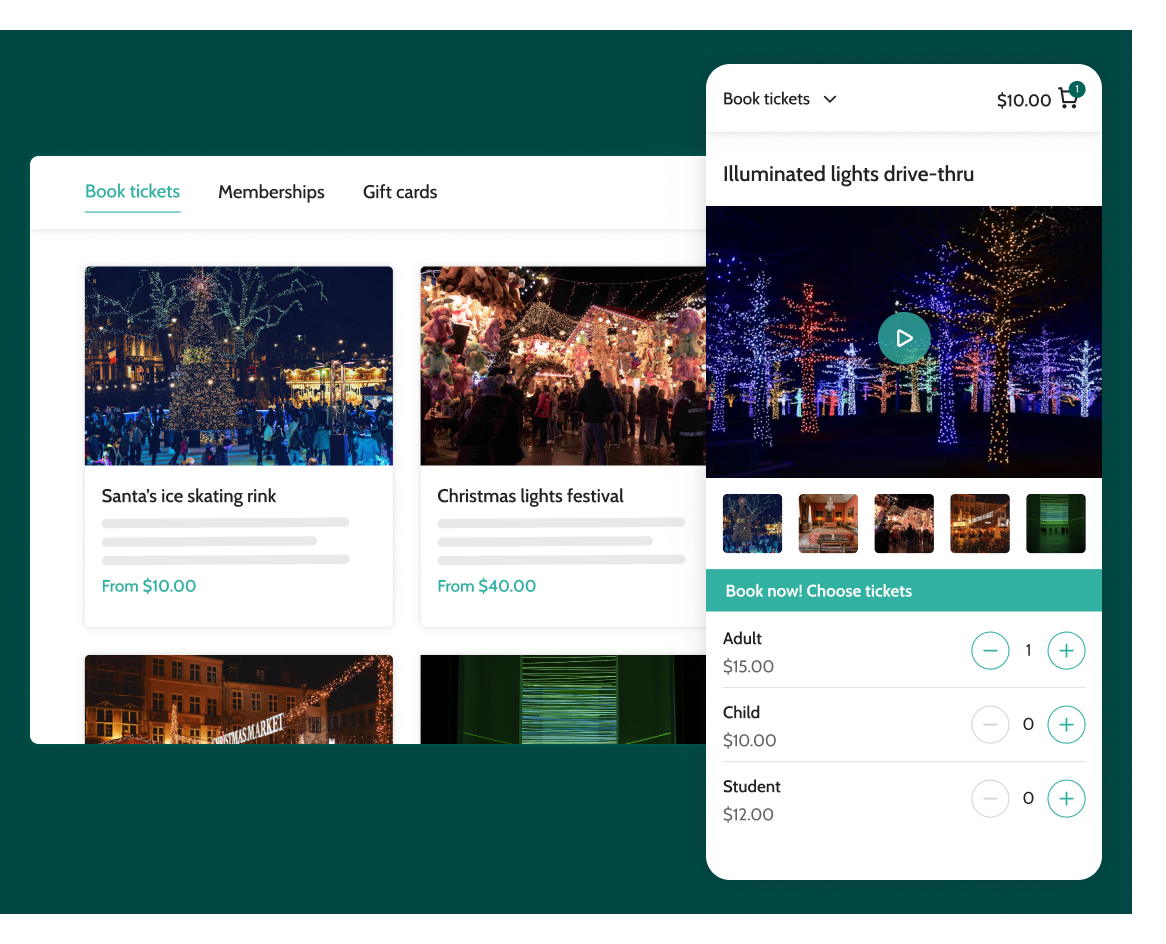 Online view of the ticketing software used by Christmas experiences, light shows, and winter wonderland attractions