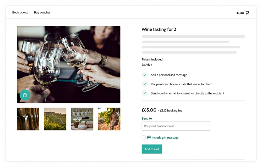 Screenshot of selling gift cards on Beyonk's online ticketing tool