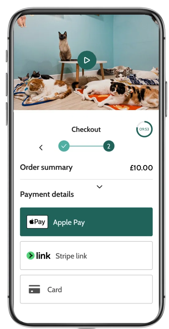 Animal cafe booking software checkout screen on a mobile phone