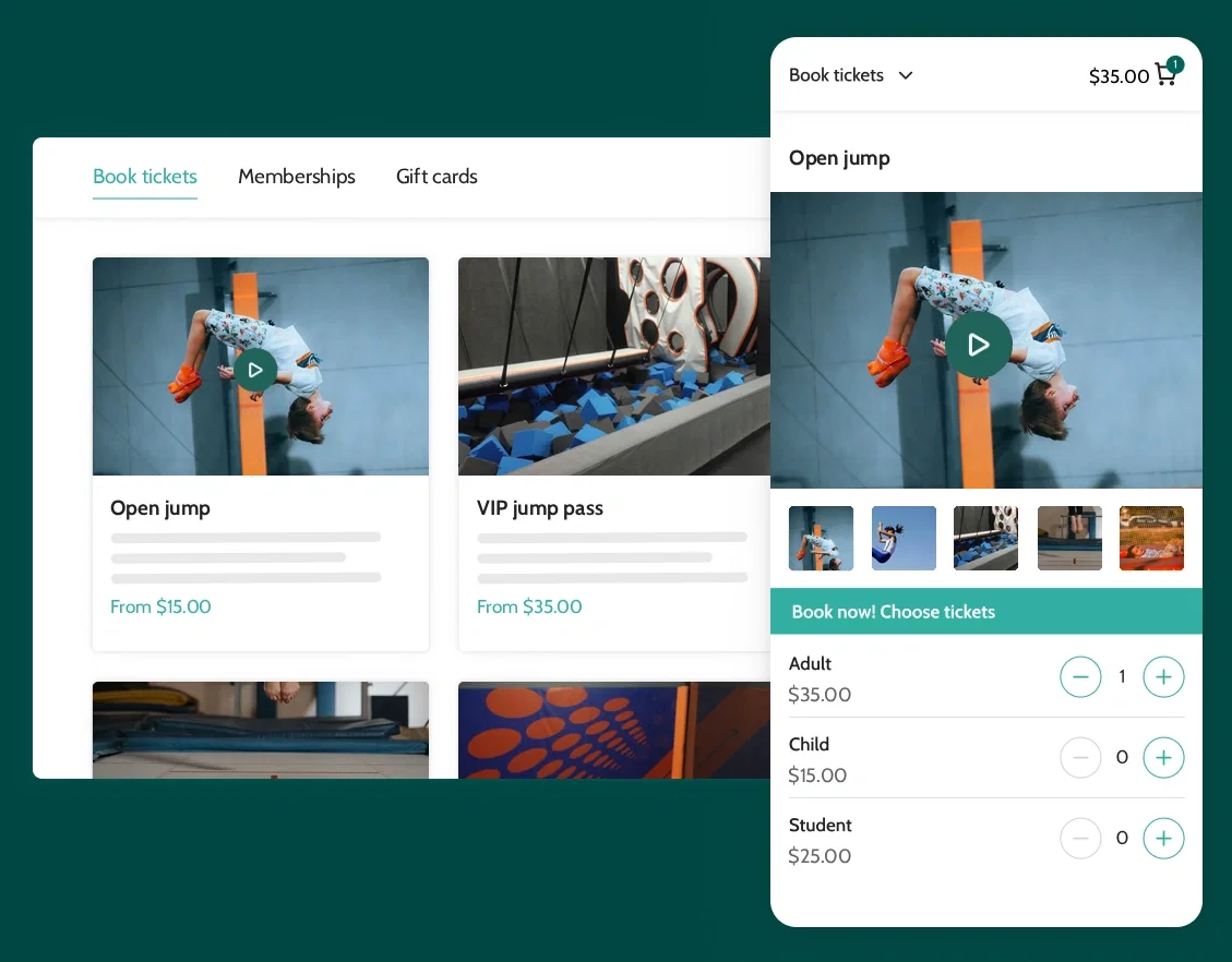 Trampoline park management software showing open jump tickets ready to book
