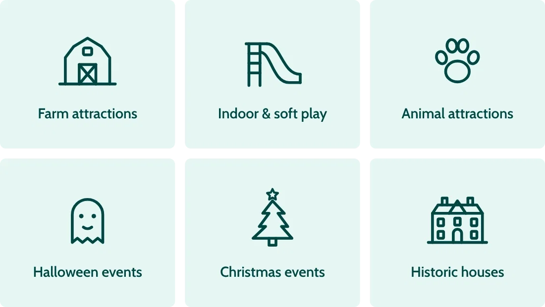 Icons for farm attractions, indoor and soft play, animal attractions, Halloween events, Christmas events and historic houses