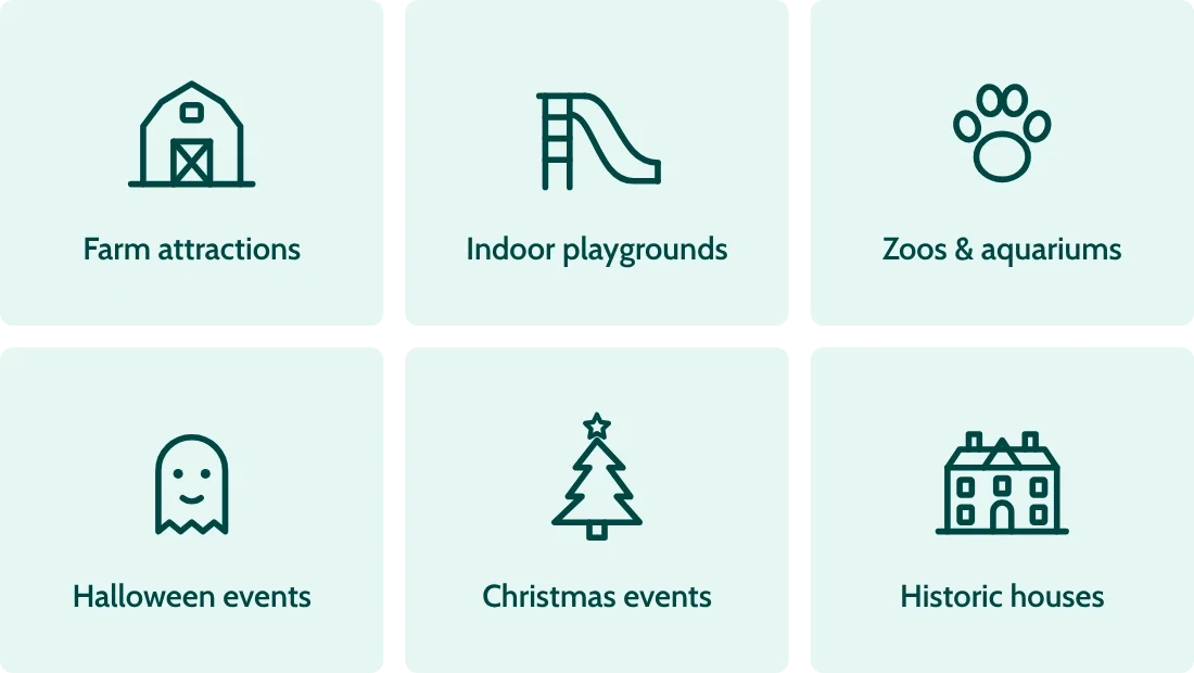 Icons for farm attractions, indoor playgrounds, zoos and aquariums, Halloween events, Christmas events and historic houses